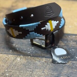 ARANDU Leather Belt Geometric Embroidered Brown Brass Buckle Mens 28-32